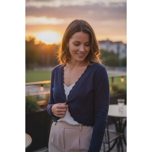 NWT Grace Karin Women's M Navy Blue Knit Scalloped Cropped Bolero Shrug Cardigan